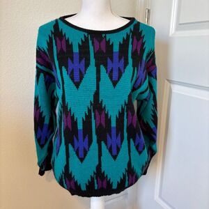 Vintage Gamin Geometric Knit Sweater Womens Medium Teal Purple 80s 90s USA Made